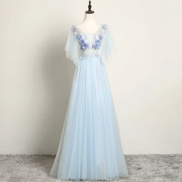 Chic Beautiful Sky Blue Evening Dresses 2019 A Line Princess V Neck Pearl Rhinestone Lace Flower Short Sleeve Backless Floor Length Long Formal Dresses