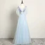 Chic / Beautiful Sky Blue Evening Dresses  2019 A-Line / Princess V-Neck Pearl Rhinestone Lace Flower Short Sleeve Backless Floor-Length / Long Formal Dresses