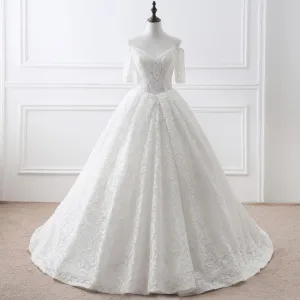 Modest Simple Ivory Wedding Dresses 2018 Ball Gown Lace Flower Off The Shoulder Backless Short Sleeve Court Train Wedding