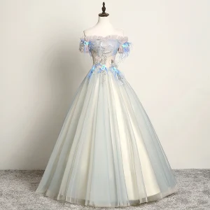 Moderne Mode Bleu Ciel Robe De Bal 2019 Princesse De L 039 Épaule En Dentelle Fleur Perle Appliques Manches Courtes Dos Nu Longue Robe De Ceremonie