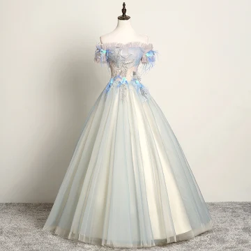 Moderne Mode Bleu Ciel Robe De Bal 2019 Princesse De L 039 Épaule En Dentelle Fleur Perle Appliques Manches Courtes Dos Nu Longue Robe De Ceremonie
