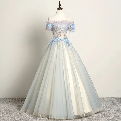 Mode Himmelblau Ballkleider 2019 A Linie Off Shoulder Spitze Blumen Perle Applikationen Kurze Ärmel Rückenfreies Lange Festliche Kleider