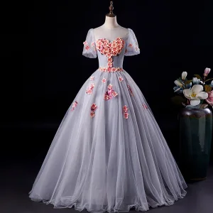 Élégant Gris Robe De Bal 2019 Princesse Encolure Dégagée Appliques Perle Manches Courtes Dos Nu Longue Robe De Ceremonie
