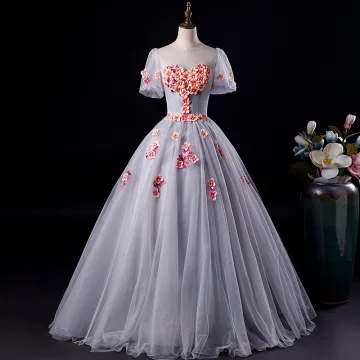 Eleganta Grå Balklänningar 2019 Prinsessa Urringning Appliqués Pärla Korta Ärm Halterneck Långa Formella Klänningar