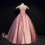 Elegant Candy Pink Prom Dresses 2019 Ball Gown Off-The-Shoulder Beading Appliques Lace Flower Sequins Short Sleeve Backless Floor-Length / Long Formal Dresses