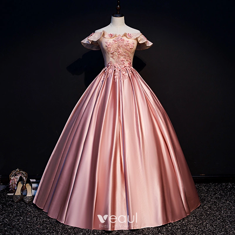 Elegant Candy Pink Prom Dresses 2019 Ball Gown Off The Shoulder Beading Appliques Lace Flower Sequins Short Sleeve Backless Floor Length Long Formal Dresses