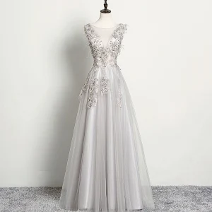 Chic Belle Gris Robe De Soirée 2019 Princesse Sans Manches Perlage Faux Diamant En Dentelle Fleur Encolure Dégagée Dos Nu Longue Robe De Ceremonie