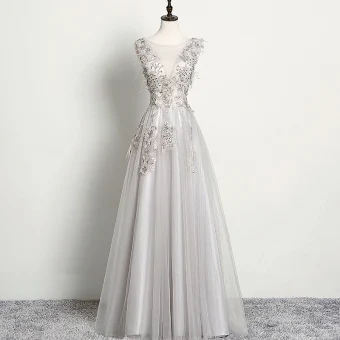 Chic Belle Gris Robe De Soirée 2019 Princesse Sans Manches Perlage Faux Diamant En Dentelle Fleur Encolure Dégagée Dos Nu Longue Robe De Ceremonie