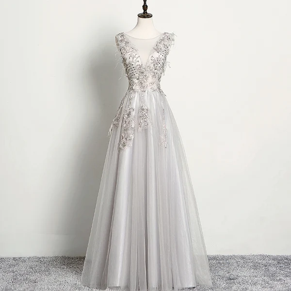 Chic / Belle Gris Robe De Soirée 2019 Princesse Sans Manches Perlage Faux Diamant En Dentelle Fleur Encolure Dégagée Dos Nu Longue Robe De Ceremonie