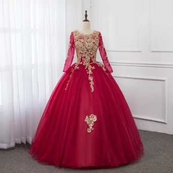 Traditional Burgundy Prom Dresses 2019 Ball Gown Scoop Neck Pearl Lace Flower Long Sleeve Backless Floor Length Long Formal Dresses
