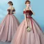 Elegant Blushing Pink Quinceañera Prom Dresses 2019 Ball Gown Off-The-Shoulder Appliques Lace Flower Bow Short Sleeve Backless Floor-Length / Long Formal Dresses