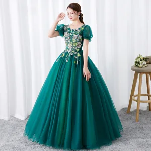 Chic Belle Vert Foncé Robe De Bal 2019 Robe Boule Encolure Dégagée Faux Diamant En Dentelle Fleur Manches Courtes Dos Nu Longue Robe De Ceremonie