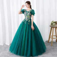 Hermoso Verde Oscuro Vestidos de gala 2019 Ball Gown Scoop Escote Rhinestone Con Encaje Flor Manga Corta Sin Espalda Largos Vestidos Formales