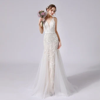 Charmant Champagne Robe De Mariée 2021 Trompette Sirène Bretelles Spaghetti Perlage En Dentelle Fleur Sans Manches Dos Nu Train De Balayage Mariage