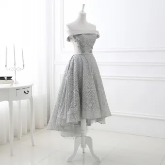 Chic Beautiful Grey Glitter Evening Dresses 2018 A Line Princess Sequins Off The Shoulder Backless Sleeveless Asymmetrical Formal Dresses