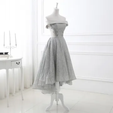 Chic Belle Gris Glitter Robe De Soirée 2018 Princesse Paillettes De L 039 Épaule Dos Nu Sans Manches Asymétrique Robe De Ceremonie