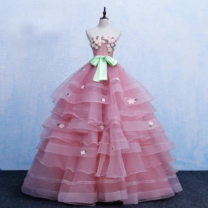 Chic Beautiful Candy Pink Prom Dresses 2019 Ball Gown Strapless Bow Lace Flower Sleeveless Backless Cascading Ruffles Sweep Train Formal Dresses