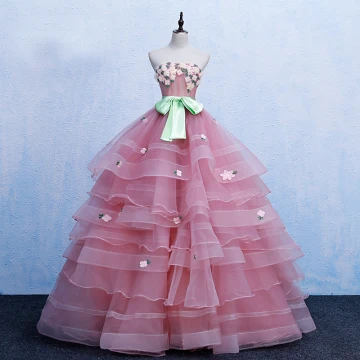 Chic Beautiful Candy Pink Prom Dresses 2019 Ball Gown Strapless Bow Lace Flower Sleeveless Backless Cascading Ruffles Sweep Train Formal Dresses