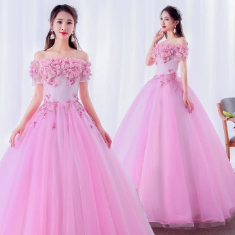 Élégant Rose Bonbon Robe De Bal 2019 Robe Boule De L 039 Épaule Perle En Dentelle Fleur Appliques Manches Courtes Dos Nu Longue Robe De Ceremonie