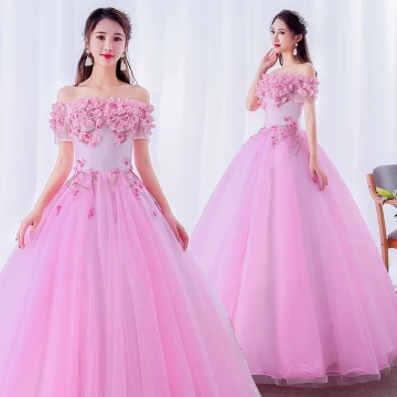 Élégant Rose Bonbon Robe De Bal 2019 Robe Boule De L 039 Épaule Perle En Dentelle Fleur Appliques Manches Courtes Dos Nu Longue Robe De Ceremonie
