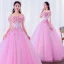 Elegant Candy Pink Prom Dresses 2019 Ball Gown Off-The-Shoulder Pearl Lace Flower Appliques Short Sleeve Backless Floor-Length / Long Formal Dresses