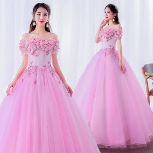 Elegantes Rosa Vestidos De Gala 2019 Ball Gown Fuera Del Hombro Perla Con Encaje Flor Apliques Manga Corta Sin Espalda Largos Vestidos Formales
