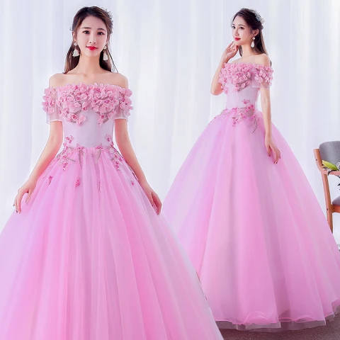 Eleganckie Cukierki Różowy Sukienki Na Bal 2019 Suknia Balowa Przy Ramieniu Perła Z Koronki Kwiat Aplikacje Kótkie Rękawy Bez Pleców Długie Sukienki Wizytowe