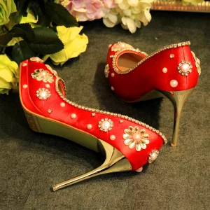 Charming Red Wedding Shoes 2019 Leather Pearl Rhinestone 10 Cm Stiletto Heels Pointed Toe Wedding Pumps