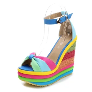 Moderne Mode Multi Couleurs Désinvolte Sandales Femme 2019 Bride Cheville Noeud 13 Cm Compensées Peep Toes Bout Ouvert Sandales