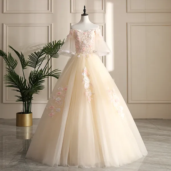 Chic / Beautiful Champagne Prom Dresses 2019 A-Line / Princess Off-The-Shoulder Lace Flower Appliques Pearl Sequins 1/2 Sleeves Backless Floor-Length / Long Formal Dresses