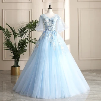 Classy Sky Blue Prom Dresses 2019 A Line Princess V Neck Pearl Sequins Lace Flower Short Sleeve Backless Floor Length Long Formal Dresses