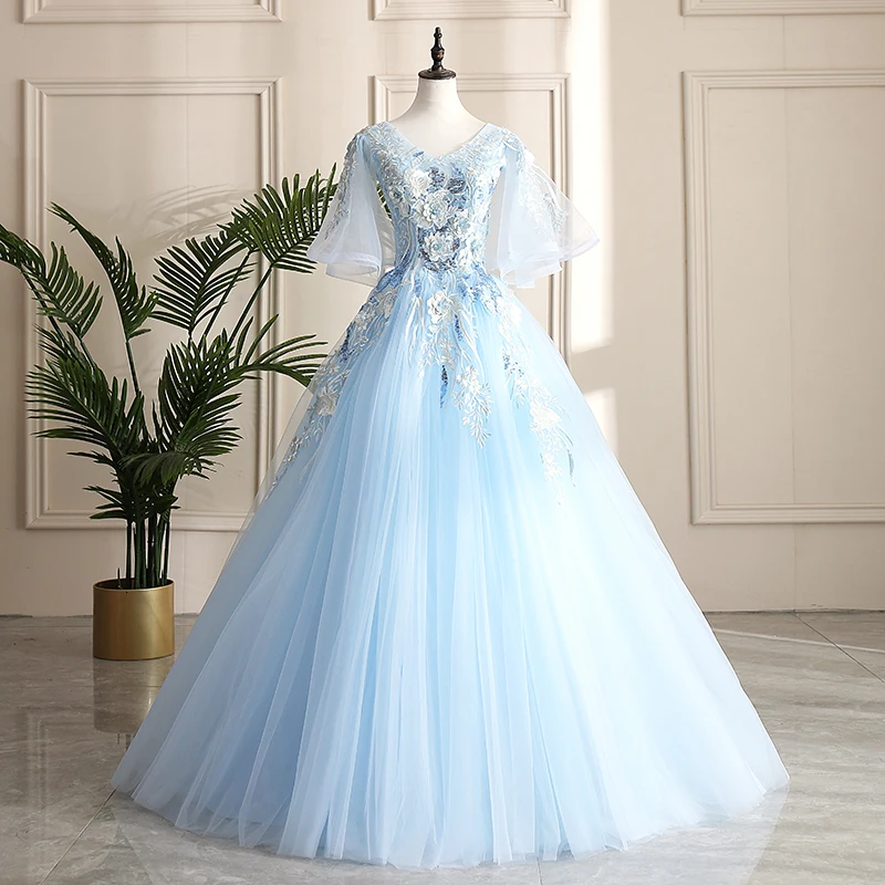Classy Sky Blue Prom Dresses 2019 A Line Princess V Neck Pearl Sequins Lace  Flower Short Sleeve Backless Floor Length Long Formal Dresses