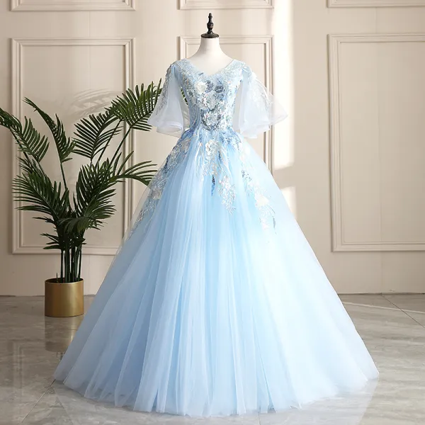 Classy Sky Blue Prom Dresses 2019 A-Line / Princess V-Neck Pearl ...