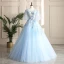 Classy Sky Blue Prom Dresses 2019 A-Line / Princess V-Neck Pearl Sequins Lace Flower Short Sleeve Backless Floor-Length / Long Formal Dresses