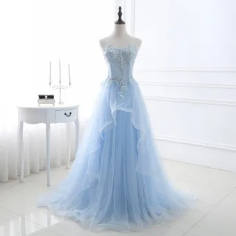 Chic Beautiful Sky Blue Prom Dresses 2018 A Line Princess Lace Appliques Crystal Sequins Sweetheart Backless Sleeveless Sweep Train Formal Dresses