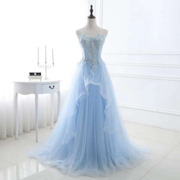 Chic / Beautiful Sky Blue Prom Dresses 2018 A-Line / Princess Lace Appliques Crystal Sequins Sweetheart Backless Sleeveless Sweep Train Formal Dresses