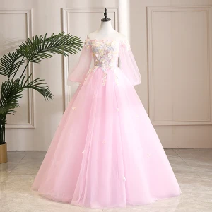 Élégant Rose Bonbon Robe De Bal 2019 Princesse De L 039 Épaule Paillettes En Dentelle Fleur Appliques 3 4 Manches Dos Nu Longue Robe De Ceremonie