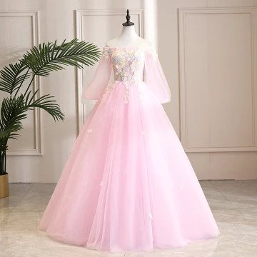 Eleganta Godis Rosa Balklänningar 2019 Prinsessa Av Axeln Paljetter Spets Blomma Appliqués 3 4 Ärm Halterneck Långa Formella Klänningar