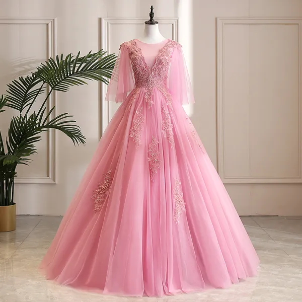 Chic / Beautiful Candy Pink Prom Dresses 2019 A-Line / Princess Scoop Neck Crystal Pearl Lace Flower 3/4 Sleeve Floor-Length / Long Formal Dresses