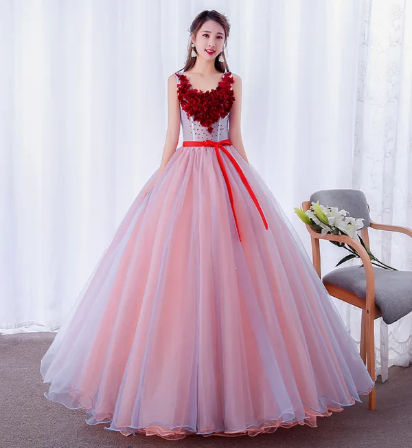 Modern / Fashion Candy Pink Prom Dresses 2019 Ball Gown Appliques Scoop Neck Pearl Lace Flower Bow Sleeveless Backless Floor-Length / Long Formal Dresses