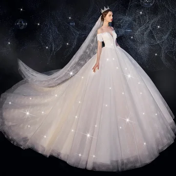 Charmant Ivoire Robe De Mariée 2019 Robe Boule De L 039 Épaule Perlage Paillettes Manches Courtes Dos Nu Cathedral Train