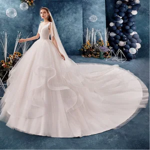 Classy Ivory Wedding Dresses 2019 Ball Gown Square Neckline Sleeveless Backless Cascading Ruffles Royal Train