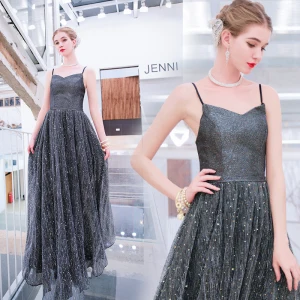 Scintillantes Argenté Gris Robe De Soirée 2019 Princesse Bretelles Spaghetti Paillettes Sans Manches Dos Nu Longue Robe De Ceremonie