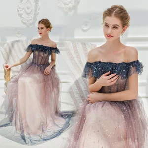 Scintillantes Rougissant Rose Robe De Soirée 2019 Princesse De L 039 Épaule Étoile Paillettes Manches Courtes Dos Nu Longue Robe De Ceremonie