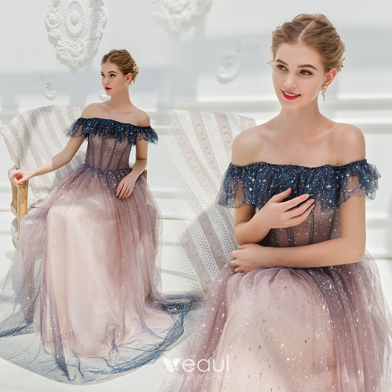 Blushing Pink Off-The-Shoulder Evening Dress with V-Neck and Strapless Tulle main image 1