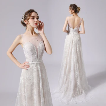 Élégant Ivoire Perle En Dentelle Fleur Robe De Mariée 2021 Princesse Encolure Dégagée Sans Manches Dos Nu Train De Balayage Mariage