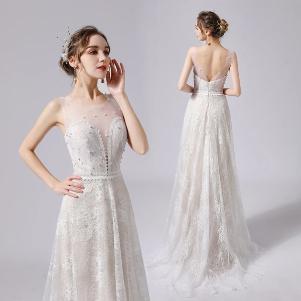 Élégant Ivoire Perle En Dentelle Fleur Robe De Mariée 2021 Princesse Encolure Dégagée Sans Manches Dos Nu Train De Balayage Mariage