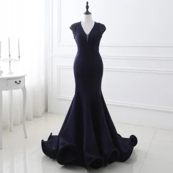 Chic Belle Bleu Marine Robe De Soirée 2018 Trompette Sirène Perlage V Cou Dos Nu Sans Manches Tribunal Train Robe De Ceremonie