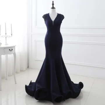 Chic Belle Bleu Marine Robe De Soirée 2018 Trompette Sirène Perlage V Cou Dos Nu Sans Manches Tribunal Train Robe De Ceremonie
