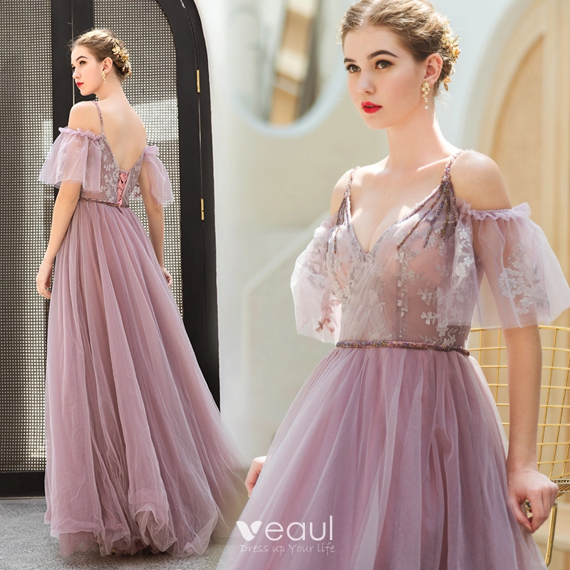 Veaul Chic Beautiful Blushing Pink Evening Dresses 2019 A Line Princess Spaghetti Straps Lace